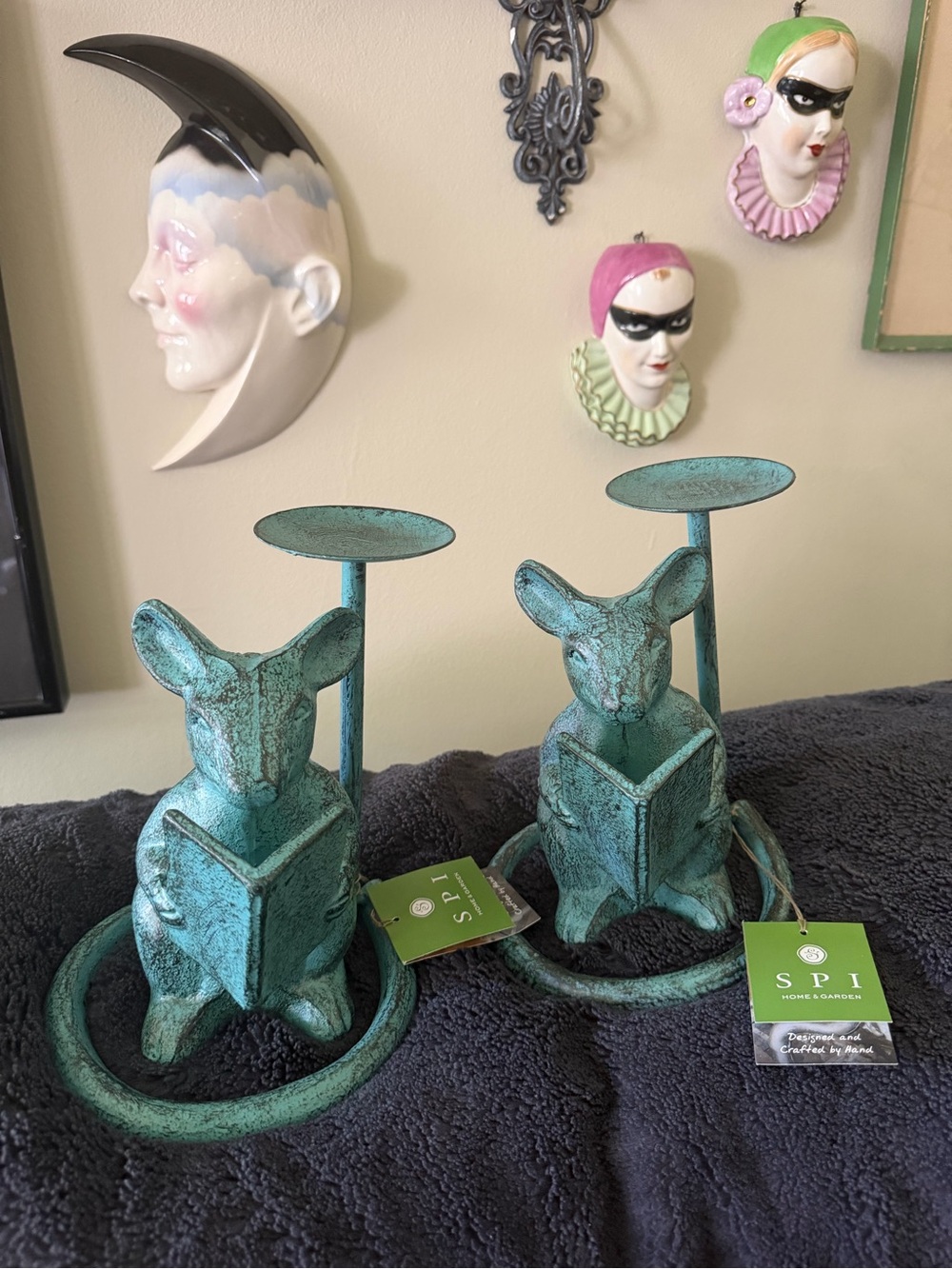 Pair of cast iron anthropomorphic reading mice pillar candle holders by SPI